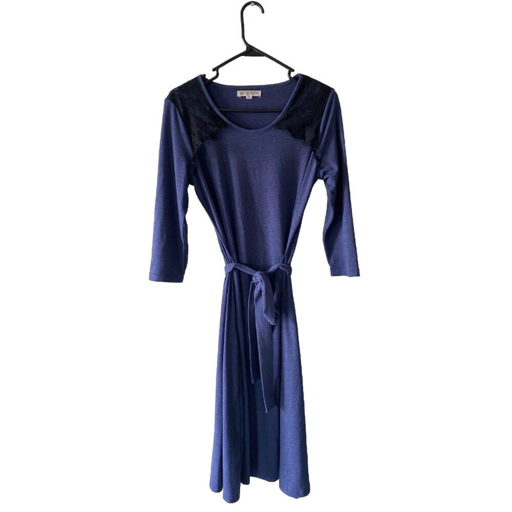 Downeast Blue Midi Dress with Black Lace Shoulder Detailing and Tie Waist Sz M